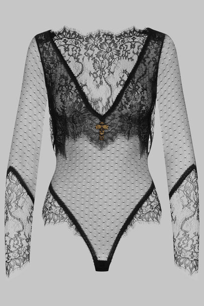 Sheer Tulle and Lace Thong Bodysuit - Inspiration Divine