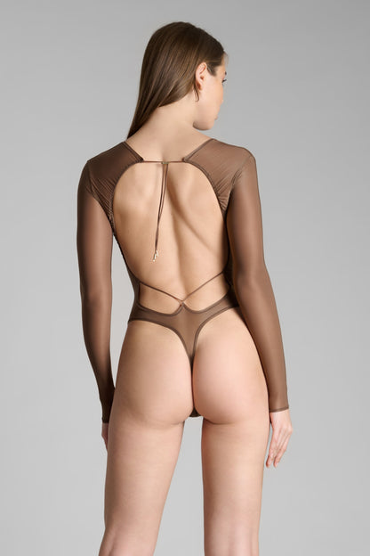 Open Back Long Sleeve Thong Bodysuit - French Kiss Light